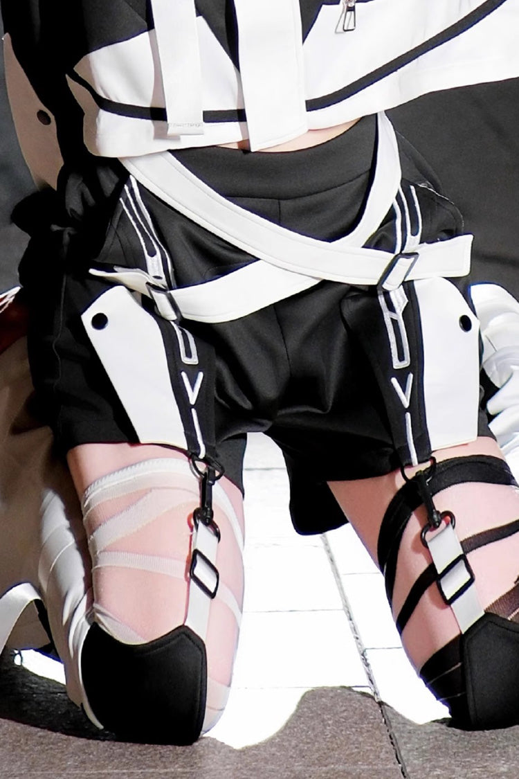Black/White [Zero-Type Transformation] Techwear Long Sleeves Embroidered Hooded Punk Jirai Kei Shorts Coat Set - Shorts - 13