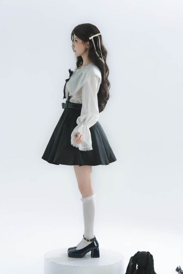 Black/White Lapel Collar Long Sleeves Ruffled Bow Classic Lolita Strap Dress Set - Product - 5