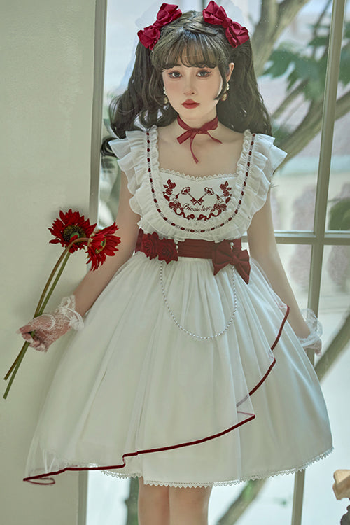 White Square Collar Ruffled Strap Waist Bow Sweet Lolita JSK Dress - Product - 2