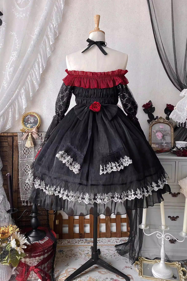 Black/Red [Perlia’s Night] Long Puff Sleeves Ruffled Open-Front Bow Lace Gothic Lolita Dress - Product - 10