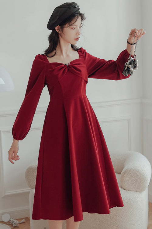 Red French Hepburn Velvet Square Collar Long Sleeves High Waisted Sweet Lolita OP Dress - Product - 3