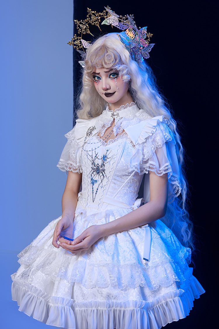 White Sleeveless Spider Embroidery Bowknot Lace Gothic Princess Lolita Skirt Two-piece Set - White - 1