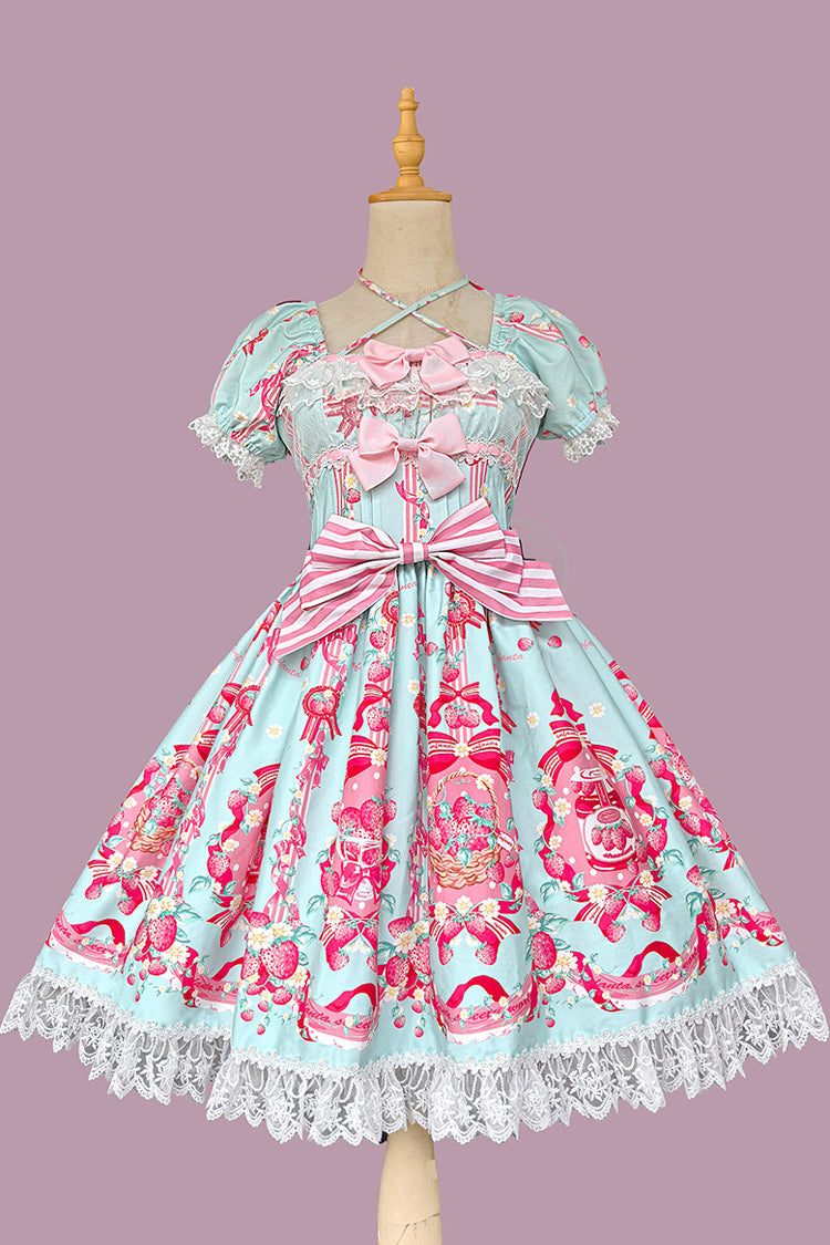 [Strawberry Chef] Short Sleeves Print Bowknot Lace Sweet Lolita Dress 4 Colors - Blue - 5