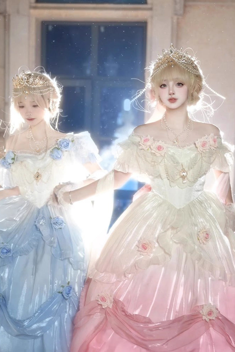 Gradient Color Short Sleeves Multi-layer Ruffle Bowknot Sweet Elegant Princess Lolita Dress 3 Colors - Product - 4