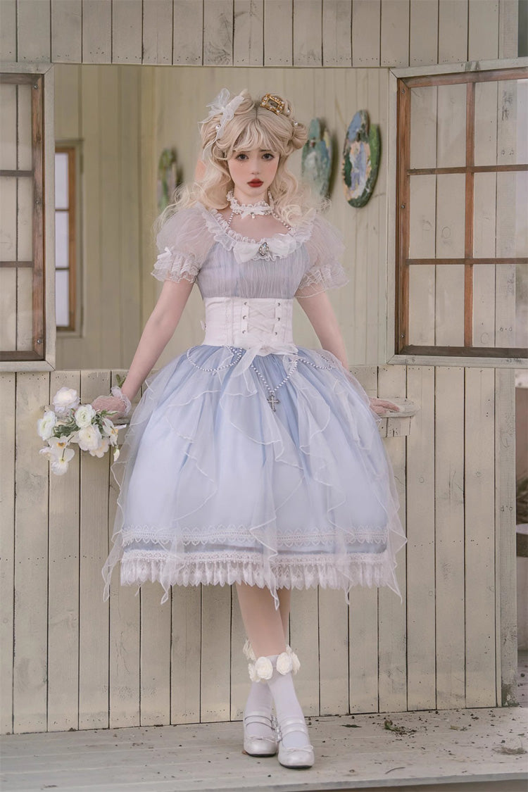 Blue Round Collar Mermaid Tears Short Sleeves Bowknot Sweet Princess Lolita Dress - Product - 6