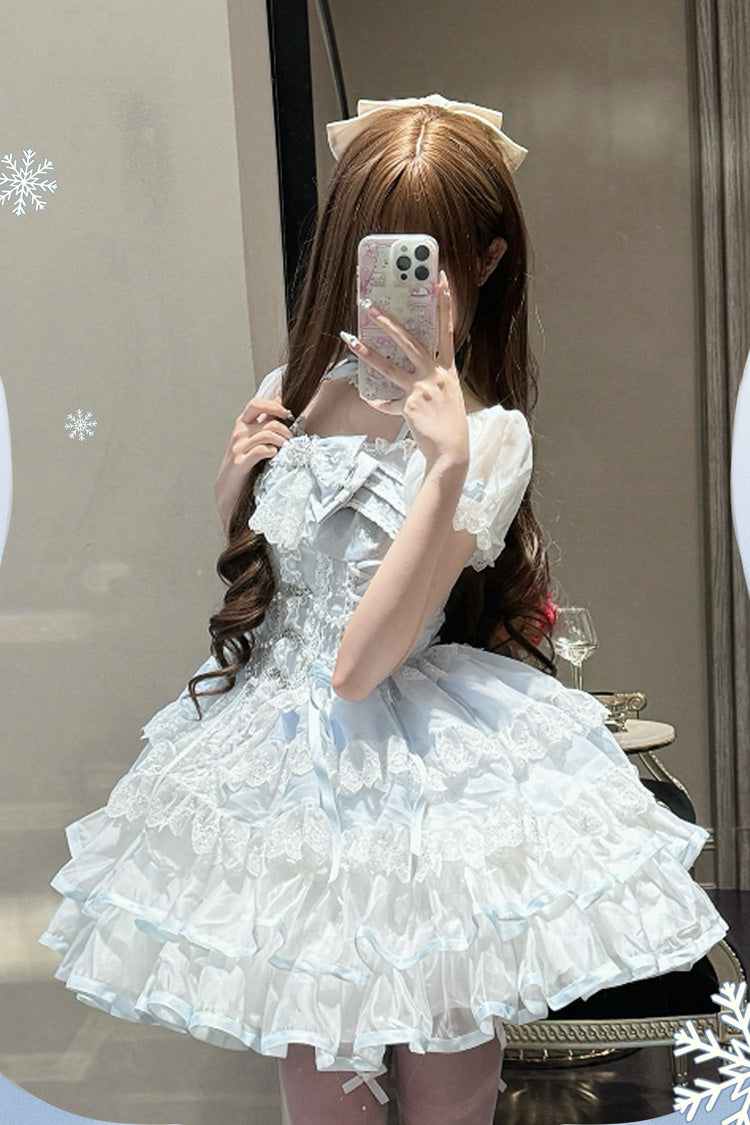 White/Blue [Ice Dance] Short Sleeves Multi-Layered Ruffle Embroidery Bowknot Lace Sweet Lolita Dress - Product - 2