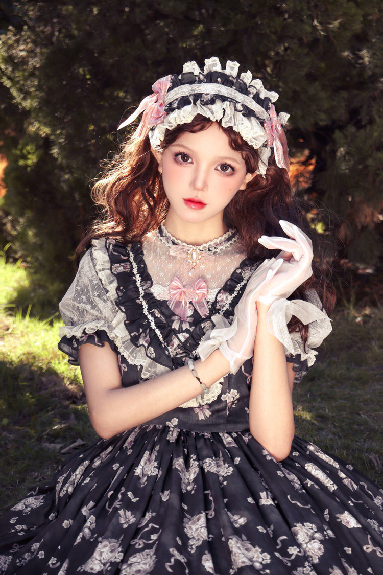 [Daydream Rose] Short Sleeves Floral Jacquard Print Ruffle Embroidery Bowknot Sweet Lolita Dress 3 Colors - Product - 21
