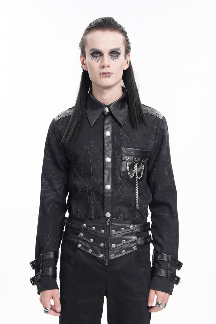 Black Lapel Collar Long Sleeves Buckle Chain Men's Gothic Blouse - Product - 6