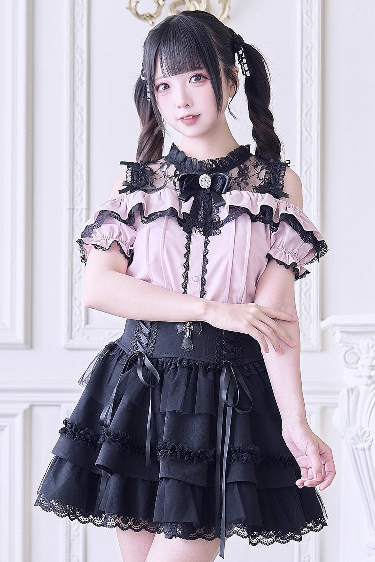 Sweet Off Shoulder Short Sleeves Hollow Bowknot Jirai Kei Japanese Blouse - Product - 4