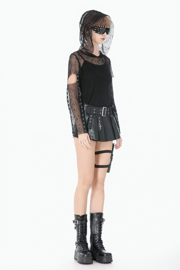 Black Low Waisted Eyelet Women's Punk Shorts with Asymmetric Pleated Belt - Product - 6