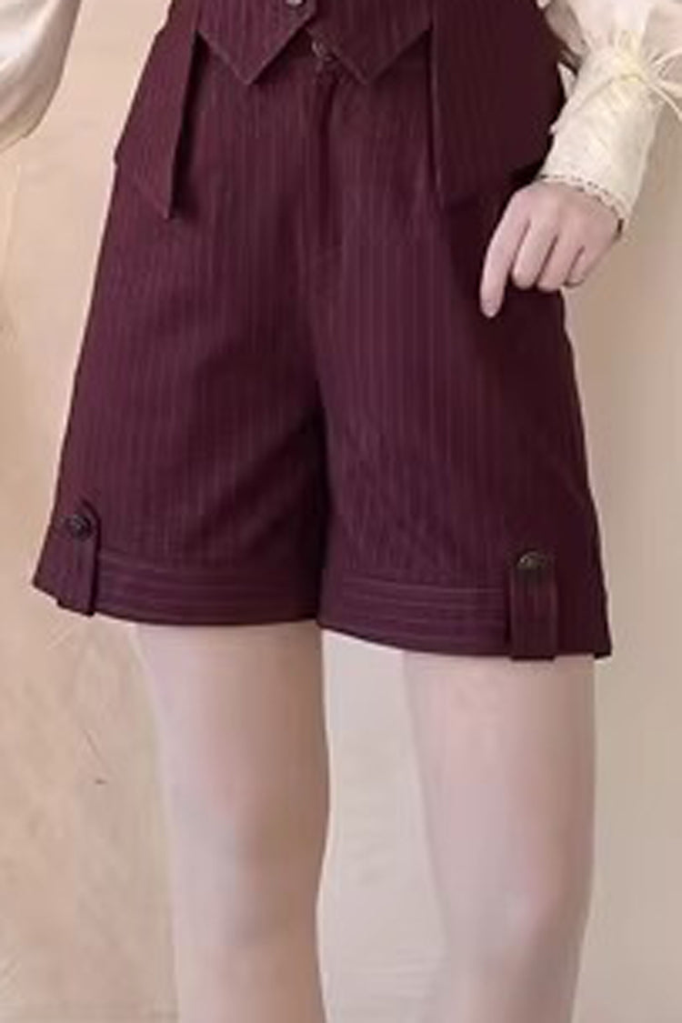 Red [Griffin’s Pact] Bust Support Striped Printed Gothic Ouji Lolita Shorts Vest Set - Shorts - 5