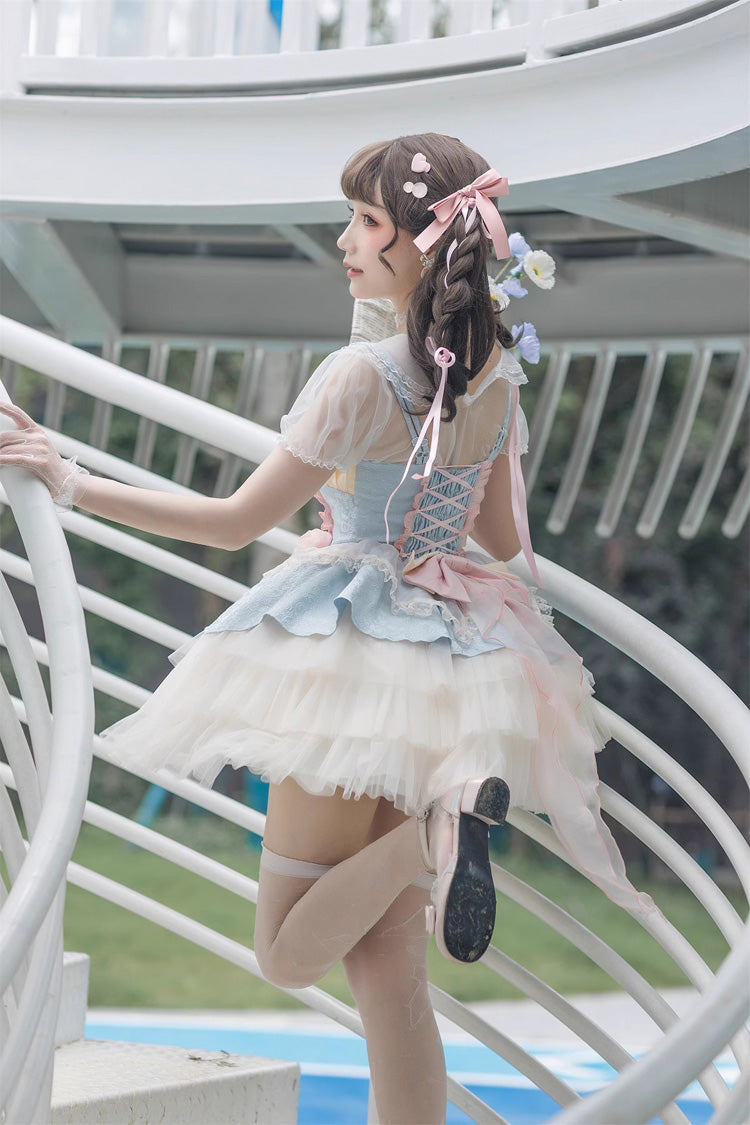 Blue/Pink Rose Peach Wine Sleeveless Multi-layer Ballet Style Sweet Lolita Jsk Dress - Product - 12