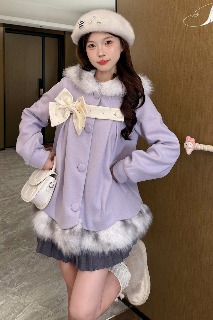 Purple Long Sleeves Plush-Trim Polka Dot Printed Bow Hooded Sweet Lolita Coat - Product - 5