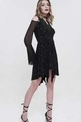 Black Sleeves Cross Print Embroidered And Beaded Neckline Stretch-Mesh Flared Women's Gothic Dress - Product - 4