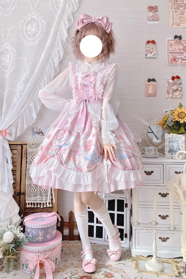 Pink Sleeveless High Waisted Rabbit Print Ruffle Bowknot Sweet Lolita Jsk Dress - Product - 3