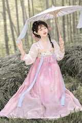 Pink Long Sleeves Tang-Style Qixiong Ruqun Printed Lace Sweet Hanfu Dress Set - Product - 6