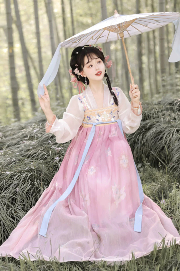 Pink Long Sleeves Tang-Style Qixiong Ruqun Printed Lace Sweet Hanfu Dress Set - Product - 6