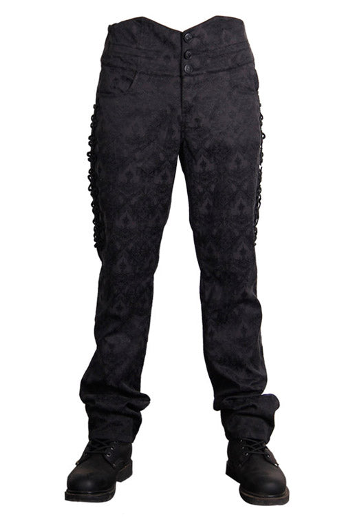 Black Side Discoid Flowers Back Waist Lace Up Gothic Jacquard Mens Pants - Product - 8