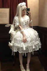 White Short Sleeves Ruffle Bowknot Lace Gothic Elegant Lolita Dress - Product - 5