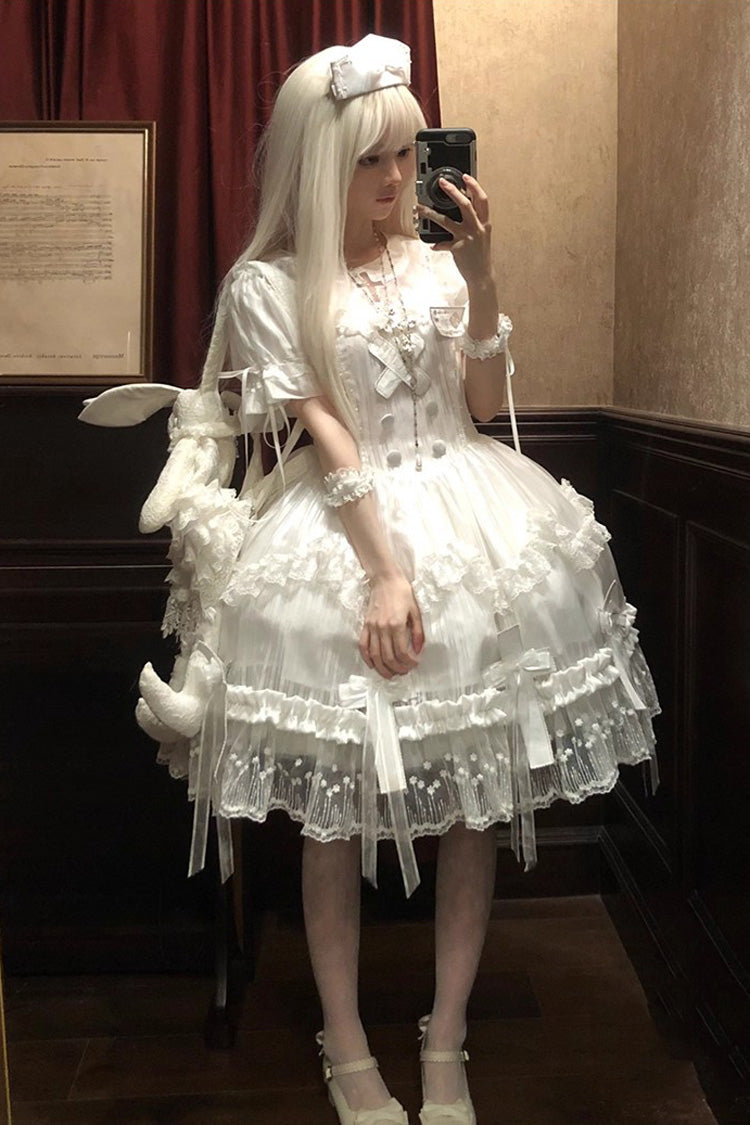 White Short Sleeves Ruffle Bowknot Lace Gothic Elegant Lolita Dress - Product - 5
