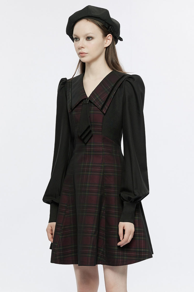 Black/Red Long Lantern Sleeves Plaid Print Detachable Lace-Up Women's Punk College Style Dress - Product - 2