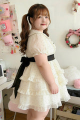White Doll Collar Short Sleeves Triple-Layered Polka Dots Printed Ruffled Bow Plus Size Princess Sweet Lolita Dress - Product - 2