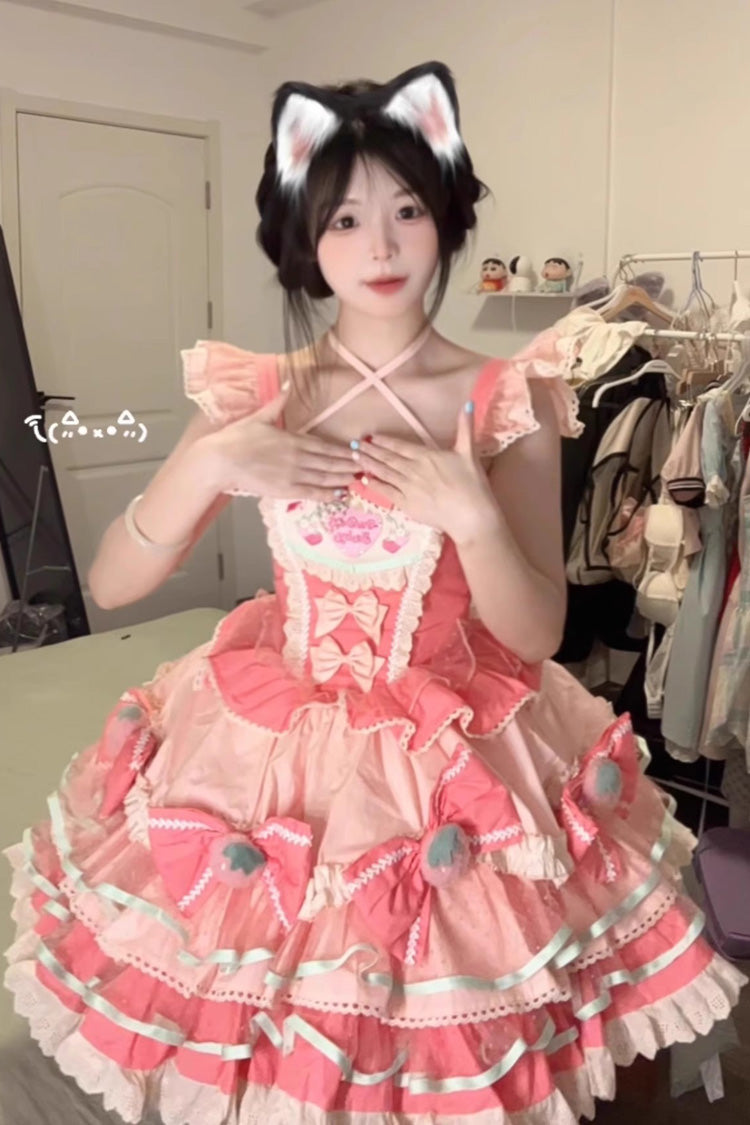 Pink Multi-Layered [Cream Strawberries] Print Ruffle Bowknot Sweet Lolita Tiered Dress - Product - 2
