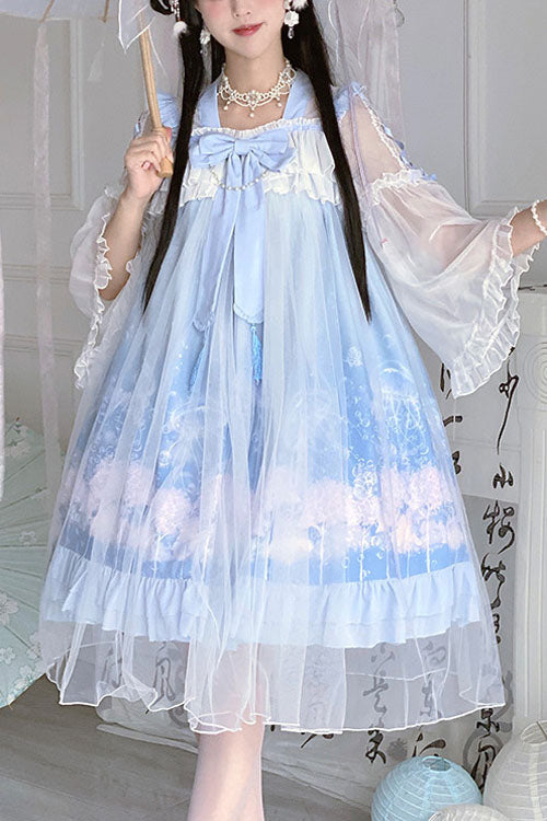 Blue Marine Jellyfish Print Bowknot Long Sleeves Ruffled Chinese Style Sweet Lolita Dress - Blue - 1