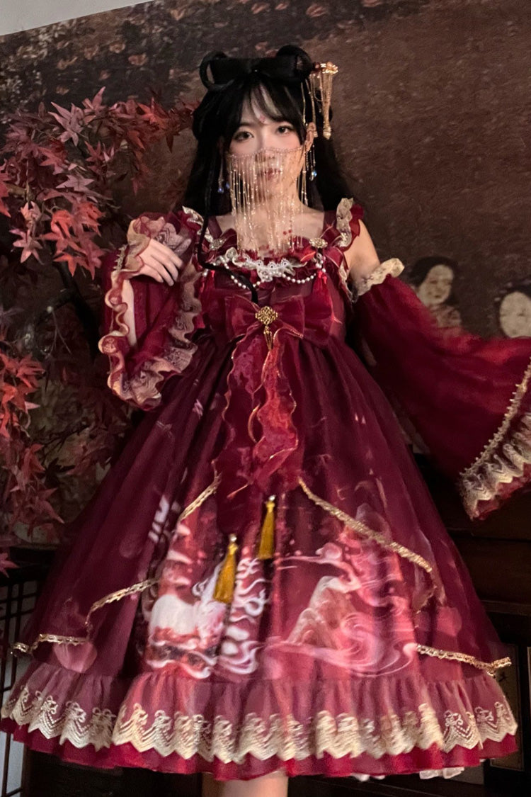 [Nine-tailed fox] Print Ruffle Bowknot Classic Chinese Style Princess Lolita Jsk Dress 2 Colors - Red - 1