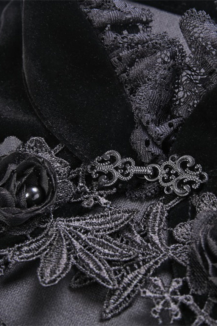 Black Lace Stand Collar Multi-Layered Long Trumpet Sleeves Rosette Velour Women's Gothic Bolero - Product - 14
