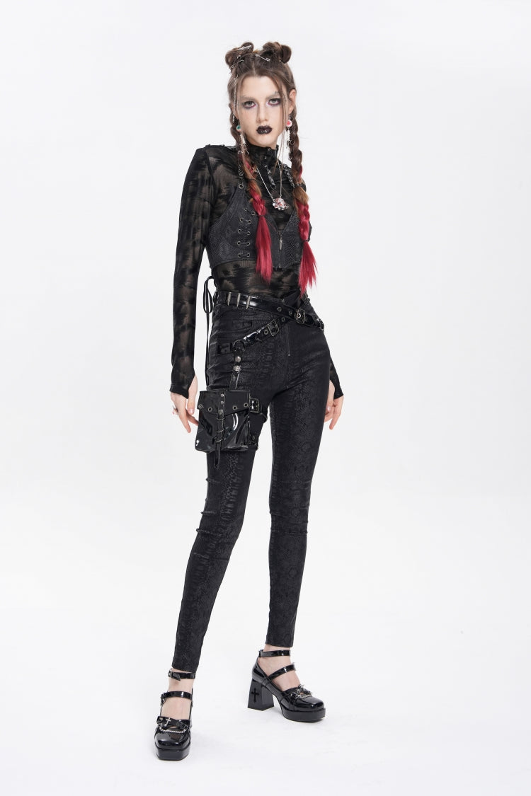 Black Print Buckle Straps Women's Punk Pants with Leg Bag - Product - 10