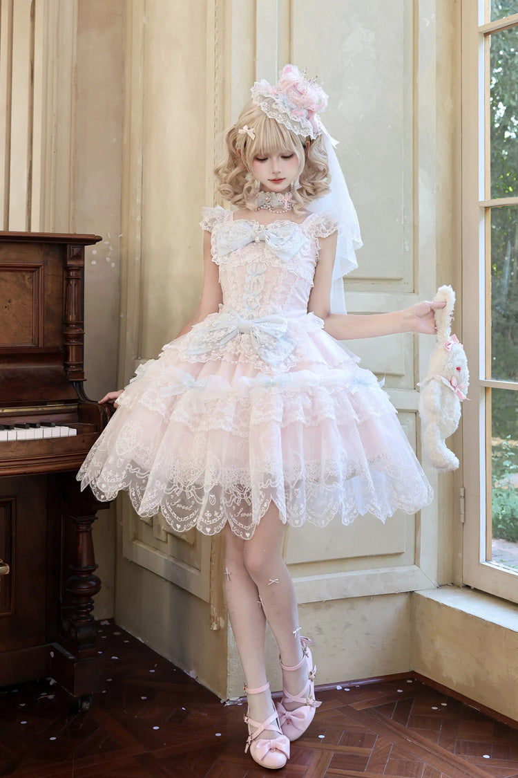 ピンク [Bunny Dream Letter] スクエアカラー フラッター袖 ジャカード フリルリボンレース スウィート プリンセス バレエコア ロリータ ジャンパースカート（JSK） 商品画像