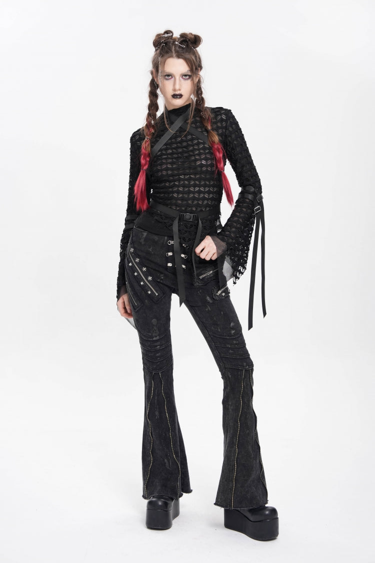 Black Zipper Pleated Women's Punk Flared Pants - Product - 9