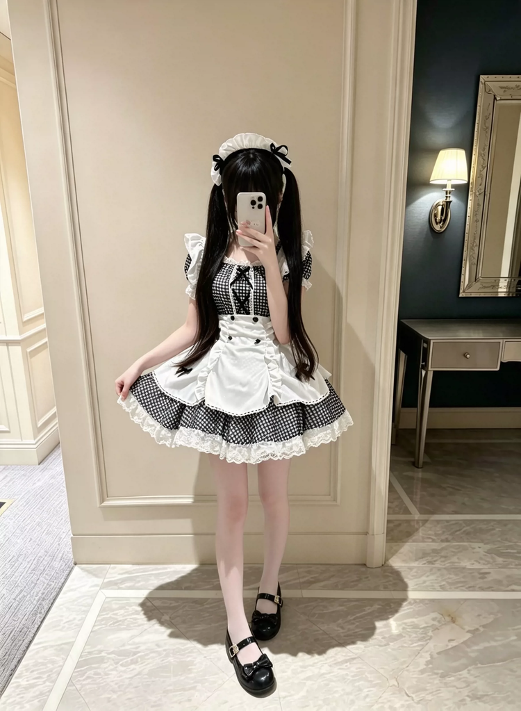 Black and White Plaid Ruffled Maid Lolita Dress with Apron Bow Accent - view 4