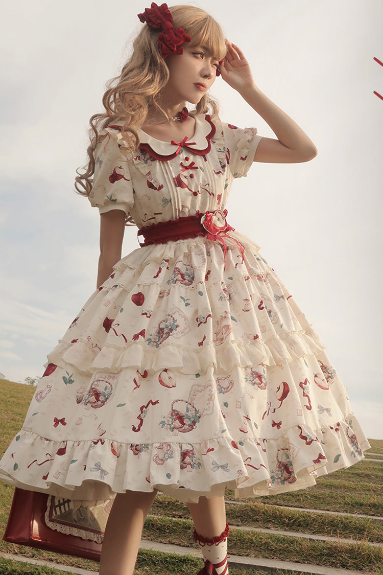 White Apple Tea Print Short Sleeves Country Style Ruffle Bowknot Sweet Lolita Dress (Plus Size Version) - Product - 12