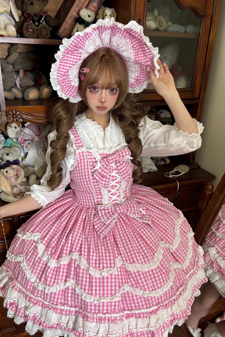 Pink Plaid Print Ruffle Bowknot Lace-Up Sweet Lolita Dress - Product - 5