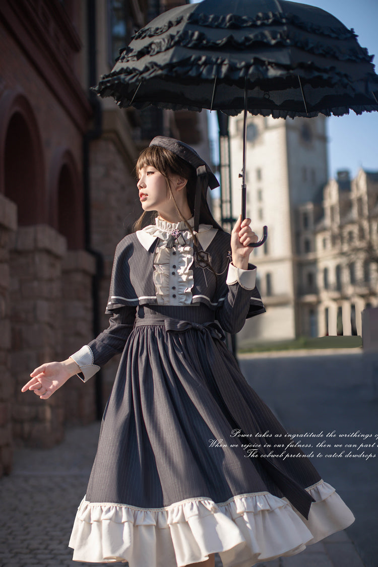 Dark Blue [Berlin Evening News] Long Sleeves Striped Print Ruffle Bowknot British College Style Elegant Sweet Lolita Dress - Product - 19