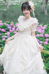 White V-Neck Lace Cla Daily Short Puff Sleeves Sweet Lolita Dress - Product - 6