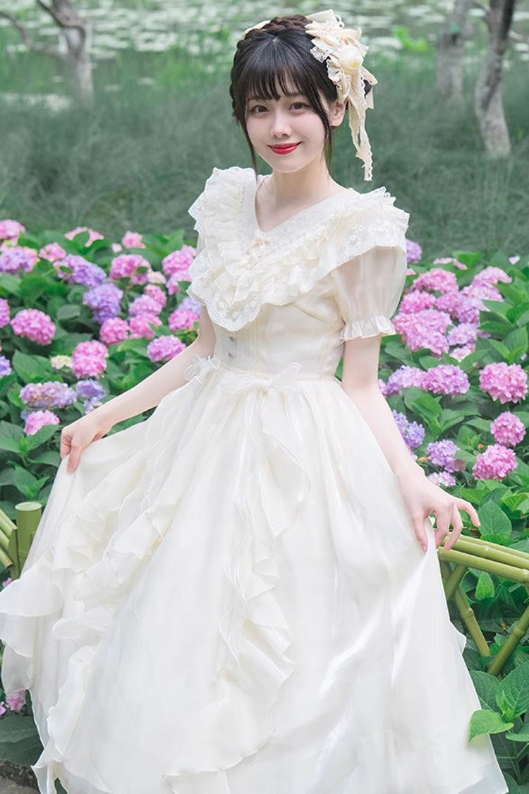 White V-Neck Lace Cla Daily Short Puff Sleeves Sweet Lolita Dress - Product - 6