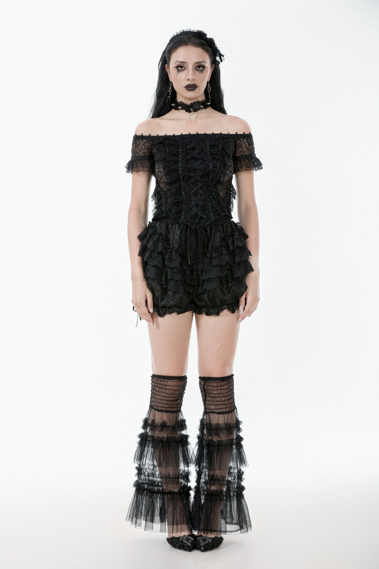 Black Women's Lolita Gothic Embroidered Flower Multilayered Lace Trim Lantern Shorts - Product - 5
