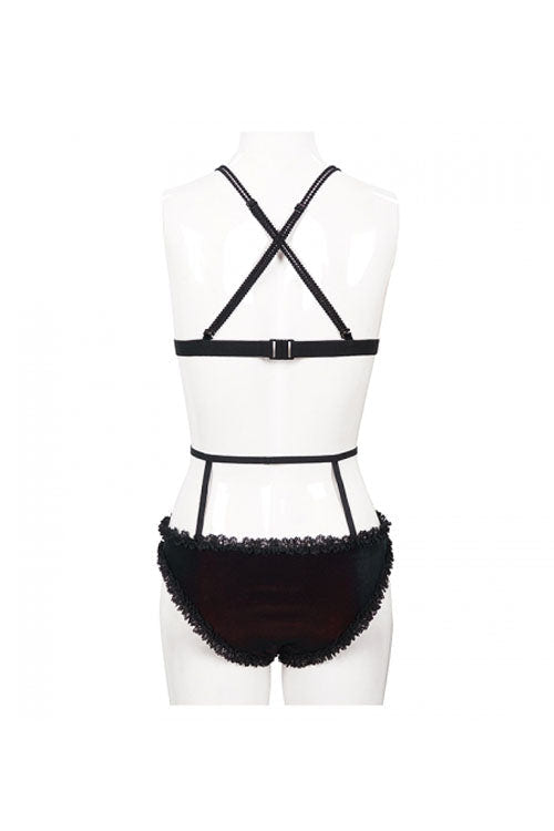 Black Red Velvet Chest Lace Up Gothic Swimsuit Suit - Product - 9