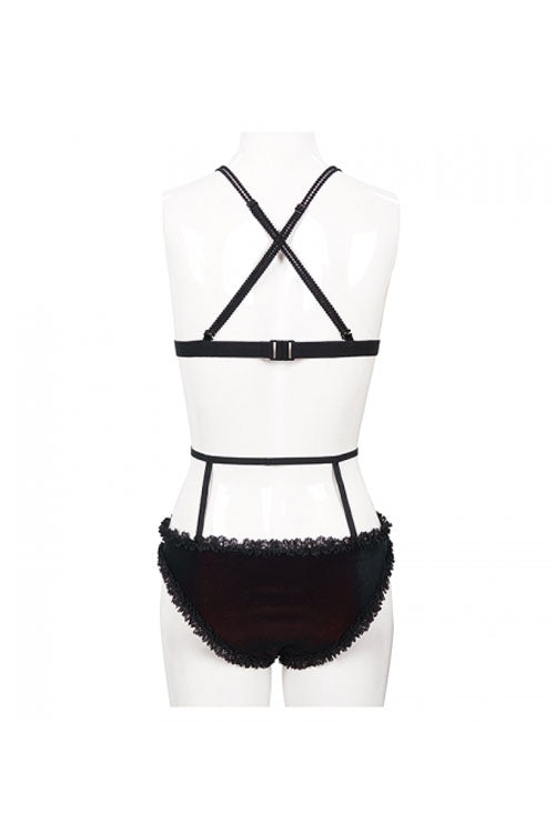 Black Red Velvet Chest Lace Up Gothic Swimsuit Suit - Product - 9