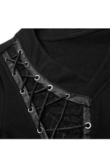 Black Long Sleeve Knit Front Splice Imitation Leather Lace Up Men's Punk T-Shirt - Product - 8
