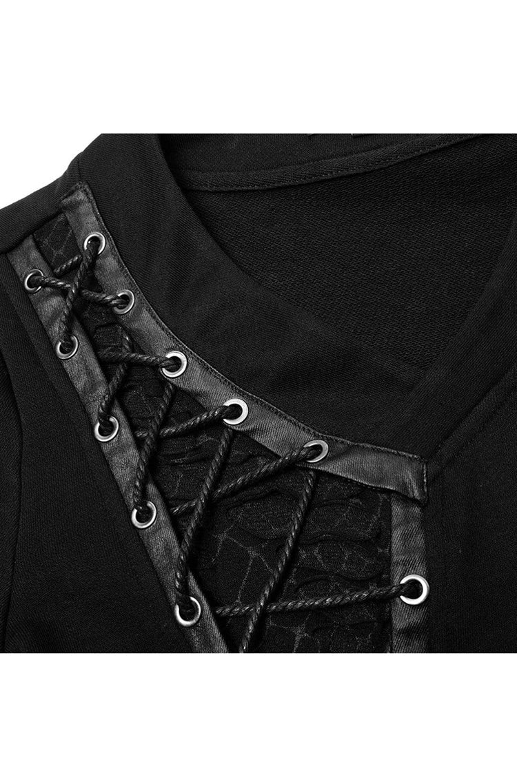 Black Long Sleeve Knit Front Splice Imitation Leather Lace Up Men's Punk T-Shirt - Product - 8