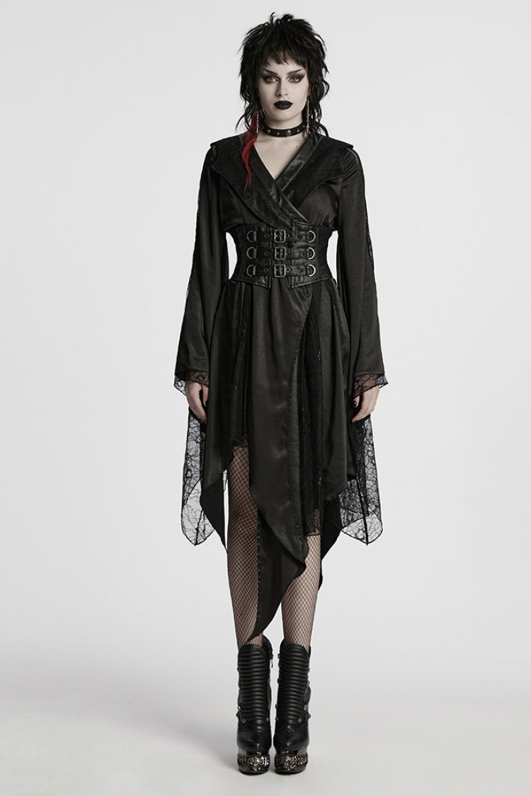 Black Long Sleeves Stitching Lace Irregular Women's Gothic Dress - Black - 1