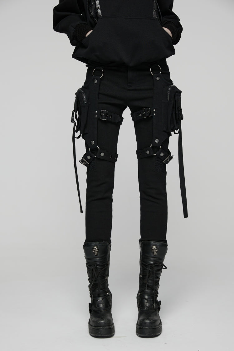 Black Patchwork Slim Fit Mesh Detachable Eyelet Women's Punk Military Cool Pants - Product - 5