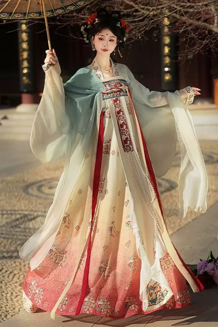 Blue/Pink High Waisted Print Embroidery Women's Classic Hanfu Dress Full Set - Blue/Pink - 1