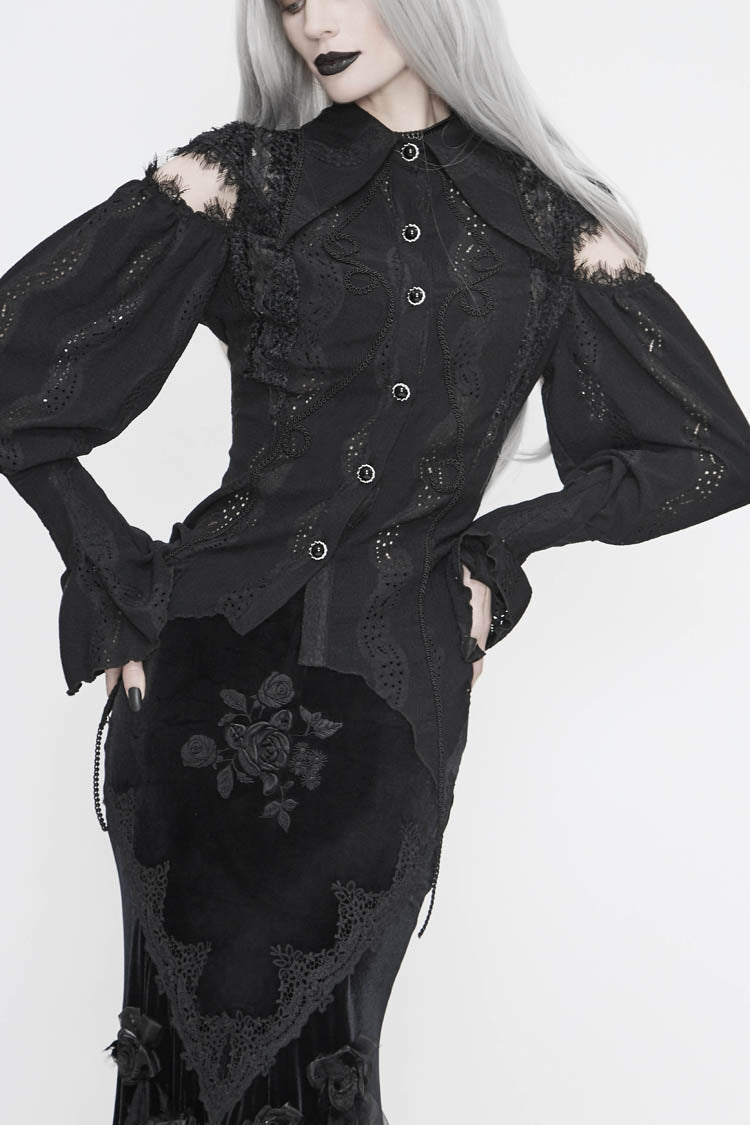 Black Front Chest Webbing Appliques Hollow-Out Lantern Sleeve Flare Cuff Back Waist Lace Up Women's Gothic Blouse - Black - 1