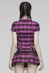 Women's Short Sleeves Plaid Print Hollow Lace Steampunk Blouse 2 Colors - Product - 3