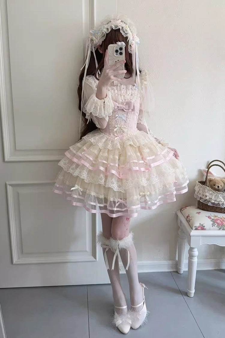 Pink [Butterfly Heart Ballet] Triple-Layered Ruffle Bowknot Lace Sweet Ballet Lolita Jsk Dress - Product - 2